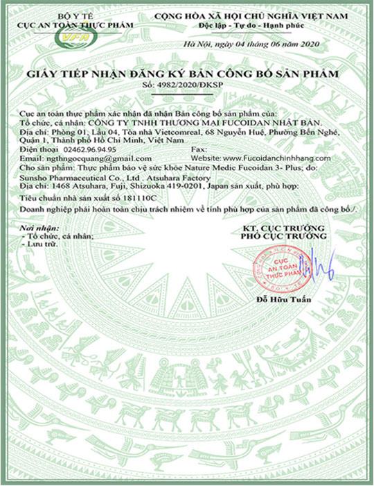 Giấy công bố sản phẩm Fucoidan 3-Plus Chính Hãng Nhật Bản